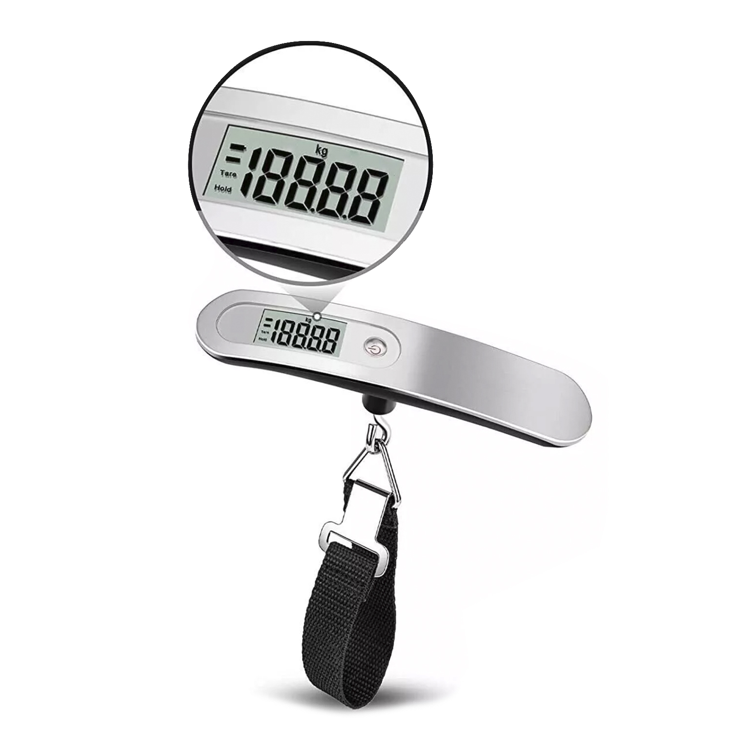 Una báscula de equipaje digital muestra 188,8 kg. Tiene cuerpo plateado y correa negra. La pantalla se amplía en un círculo.