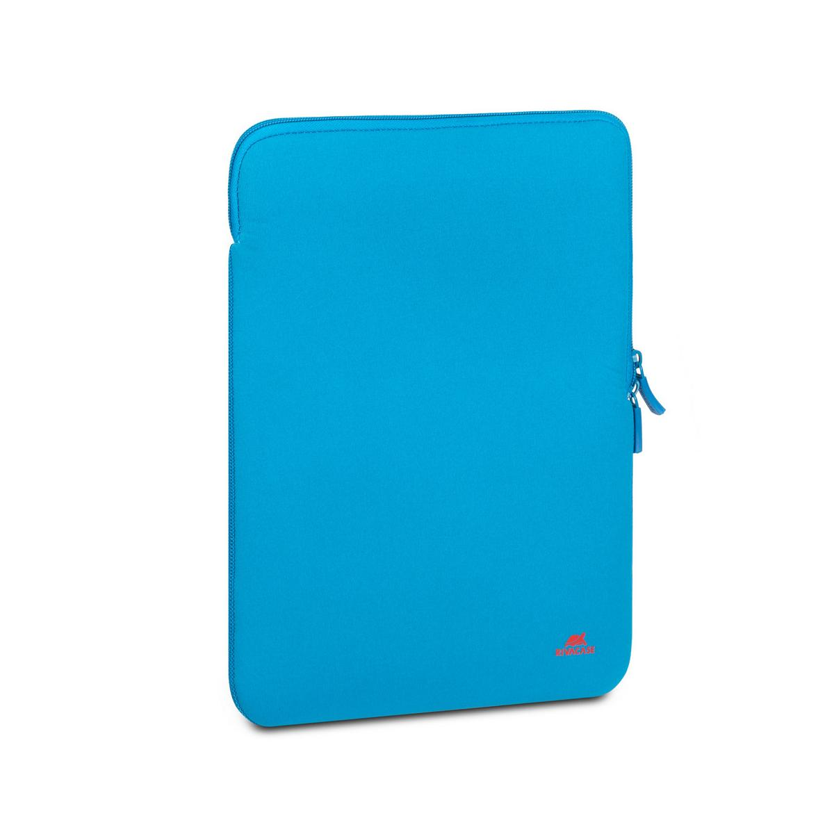 Eine hellblaue Laptoptasche mit Reißverschluss. Die untere rechte Ecke hat ein kleines Logo. Der Hintergrund ist weiß.