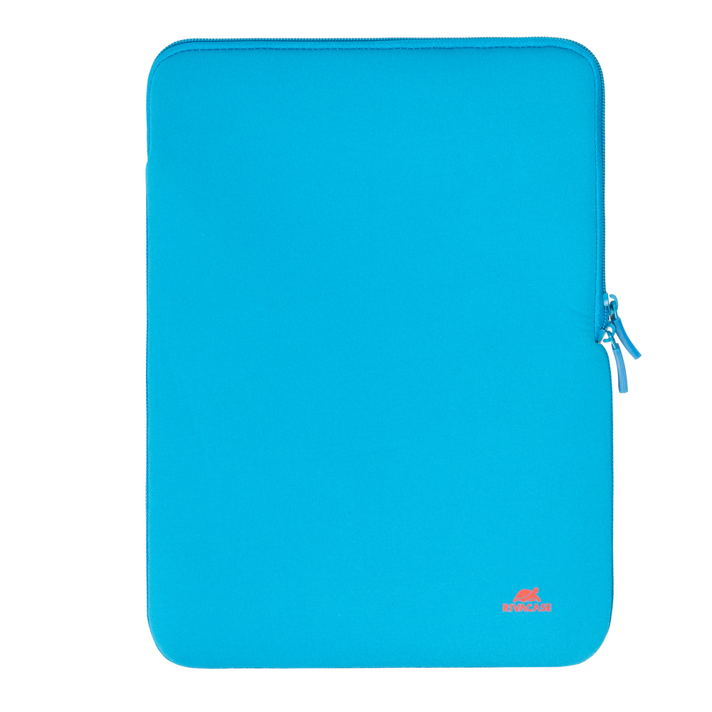 Eine türkisfarbene Laptoptasche mit Reißverschluss auf der rechten Seite. Hat ein kleines rotes Logo unten. Die Reißverschlussanhänger sind blau.
