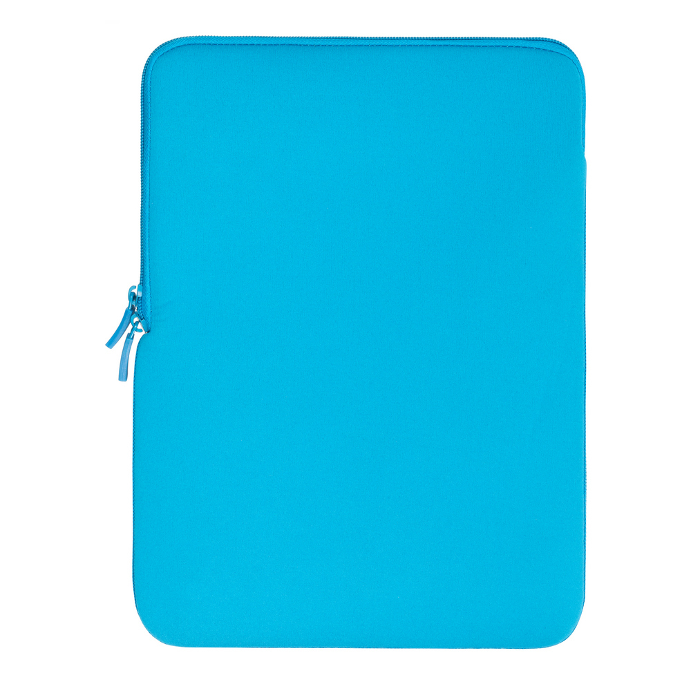 Eine türkisfarbene rechteckige Laptoptasche mit Reißverschluss auf der linken Seite. Der Hintergrund ist schlicht weiß.