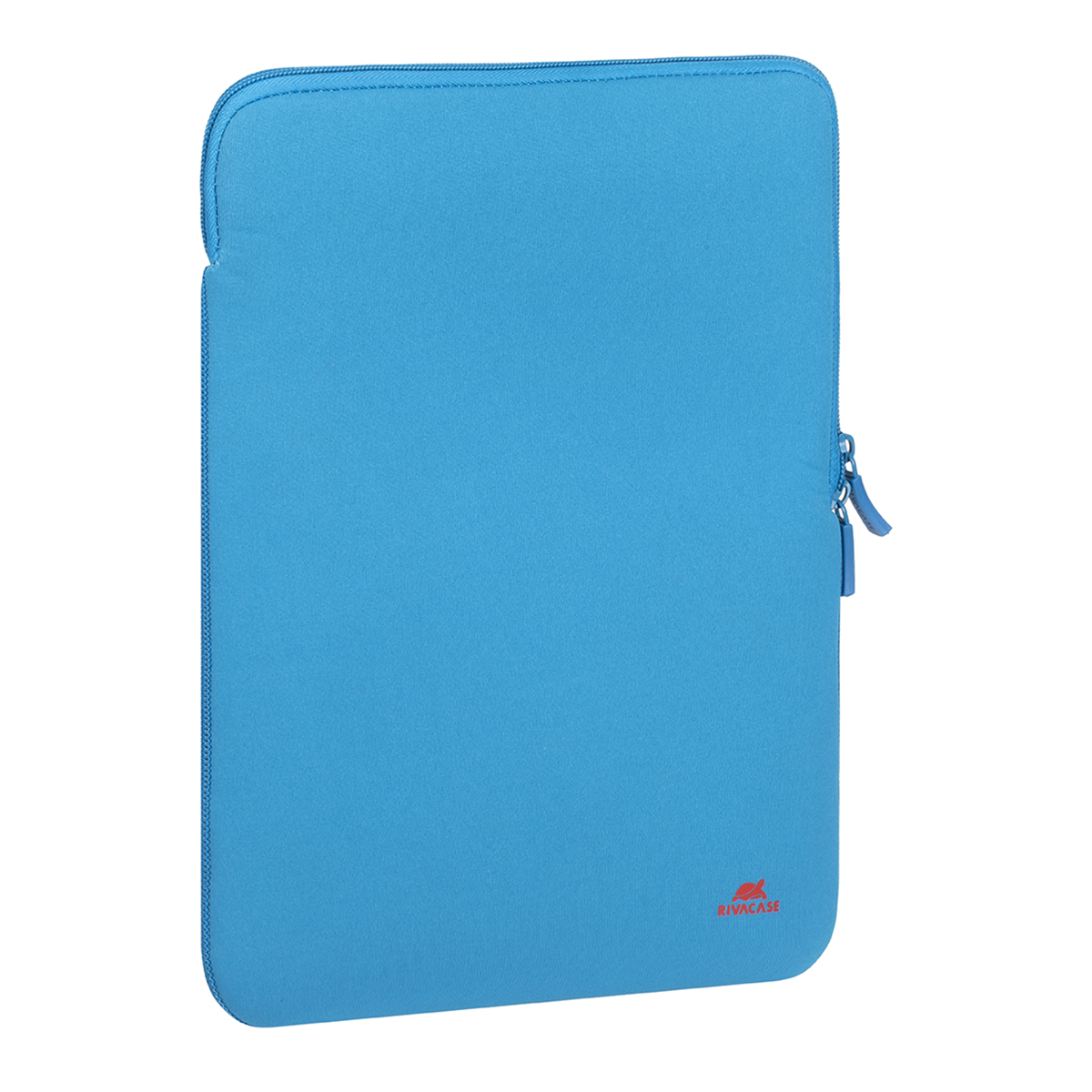 Eine hellblaue Laptoptasche mit Reißverschluss. Der Markenname RIVACASE ist sichtbar. Der Hintergrund ist weiß.