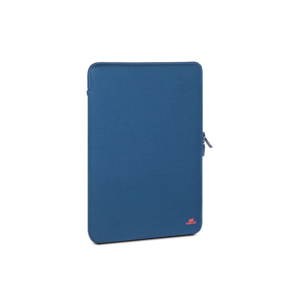 Eine blaue Laptoptasche auf weißem Hintergrund. Sie hat einen Reißverschluss und ein kleines Logo in der unteren rechten Ecke.