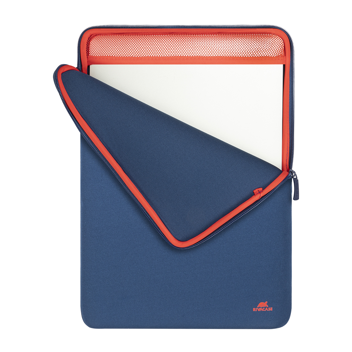 Eine blaue Laptoptasche mit offenem Reißverschluss. Sie hat eine orangefarbene Einfassung und eine Netztasche. Ein weißes Papier ist sichtbar.