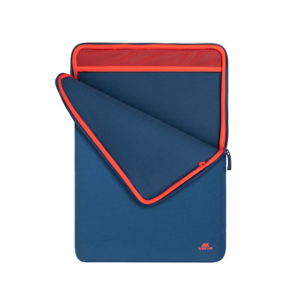 Eine blaue Laptoptasche mit offenem Deckel. Sie hat eine orangefarbene Einfassung und ein orangefarbenes Netz im oberen Bereich.