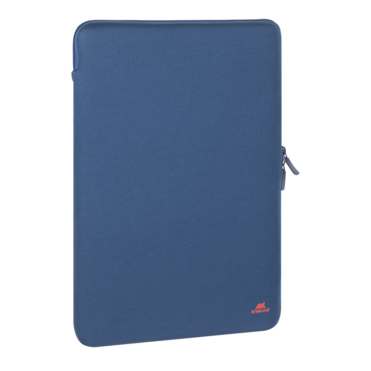 Eine marineblaue Laptop-Hülle mit Reißverschluss an der Seite. Der Markenname ist rechts unten in Rot sichtbar.