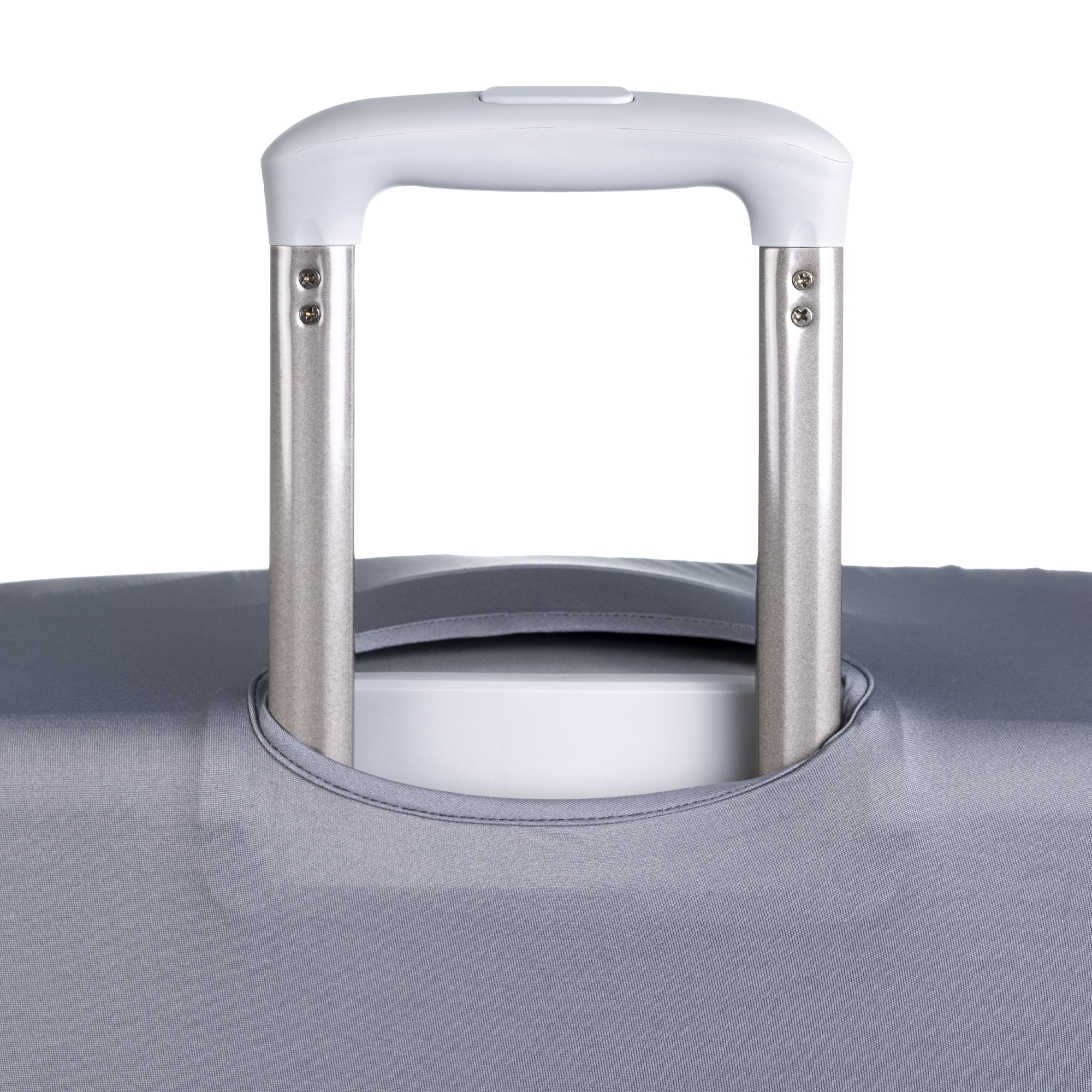 Primer plano del asa de una maleta. Tela gris rodea el asa, con un asa blanca y soportes metálicos.