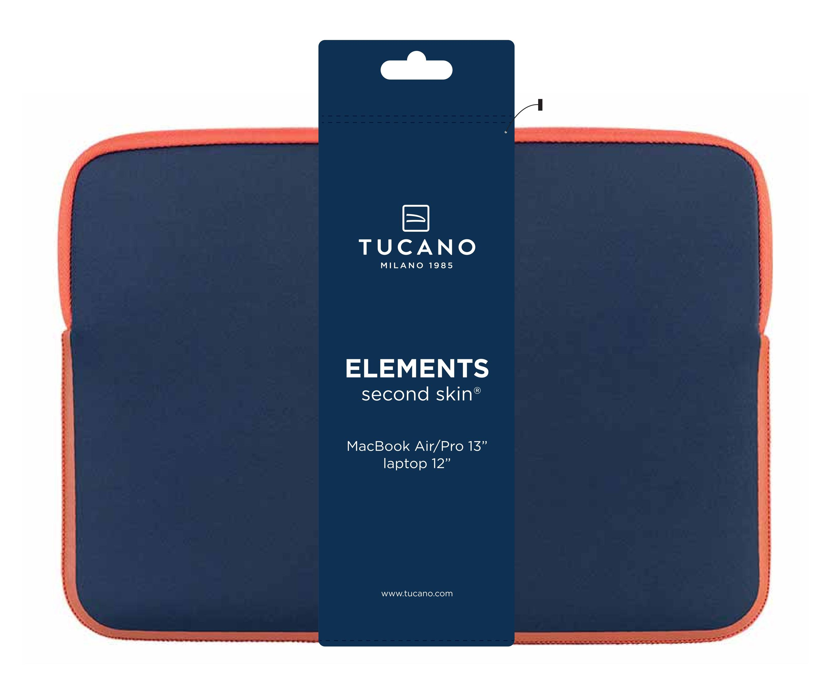 Una custodia blu per laptop con bordi arancioni. Un'etichetta blu scuro al centro con logo e testo.