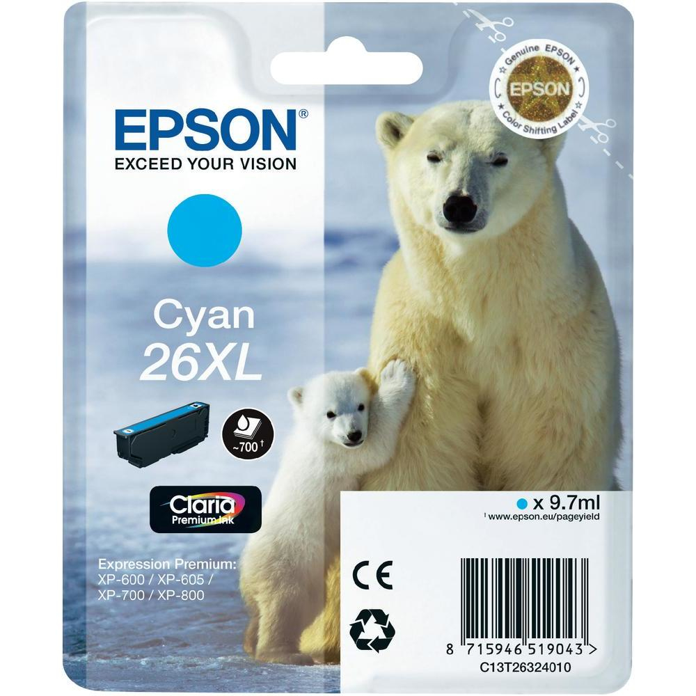 Cartuccia d'inchiostro Epson ciano con orsi polari. Sono raffigurati un grande orso e un cucciolo. La cartuccia è etichettata "Cyan 26XL".