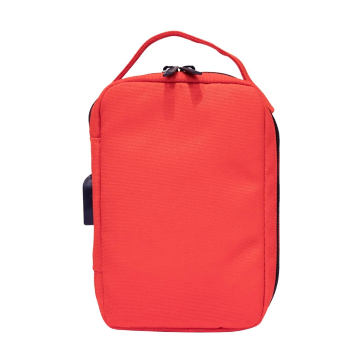 Eine rote Lunchtasche mit Griff und Reißverschluss. Sie hat einen schwarzen Reißverschluss und eine kleine schwarze Tasche an der Seite.