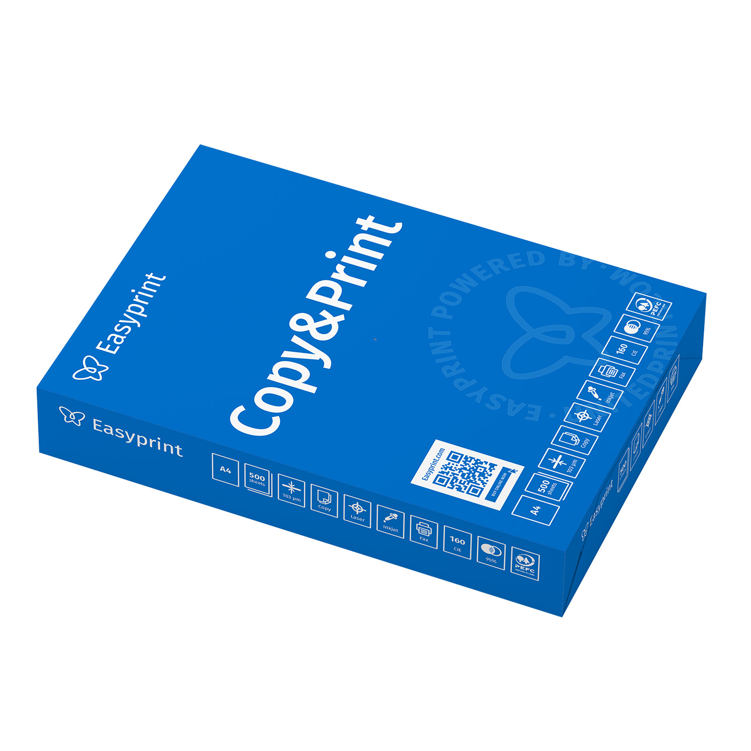Eine blaue Schachtel mit Easyprint Copy & Print A4-Papier. Sie zeigt verschiedene Symbole und Spezifikationen, darunter 500 Blatt.