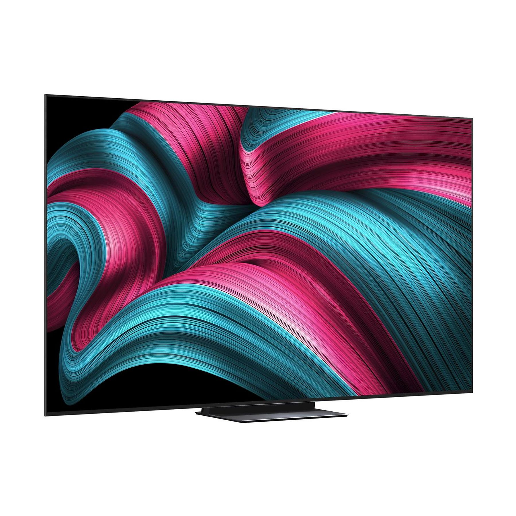 Una TV moderna mostra arte astratta rosa e verde acqua a spirale contro una cornice nera, su un supporto grigio scuro.