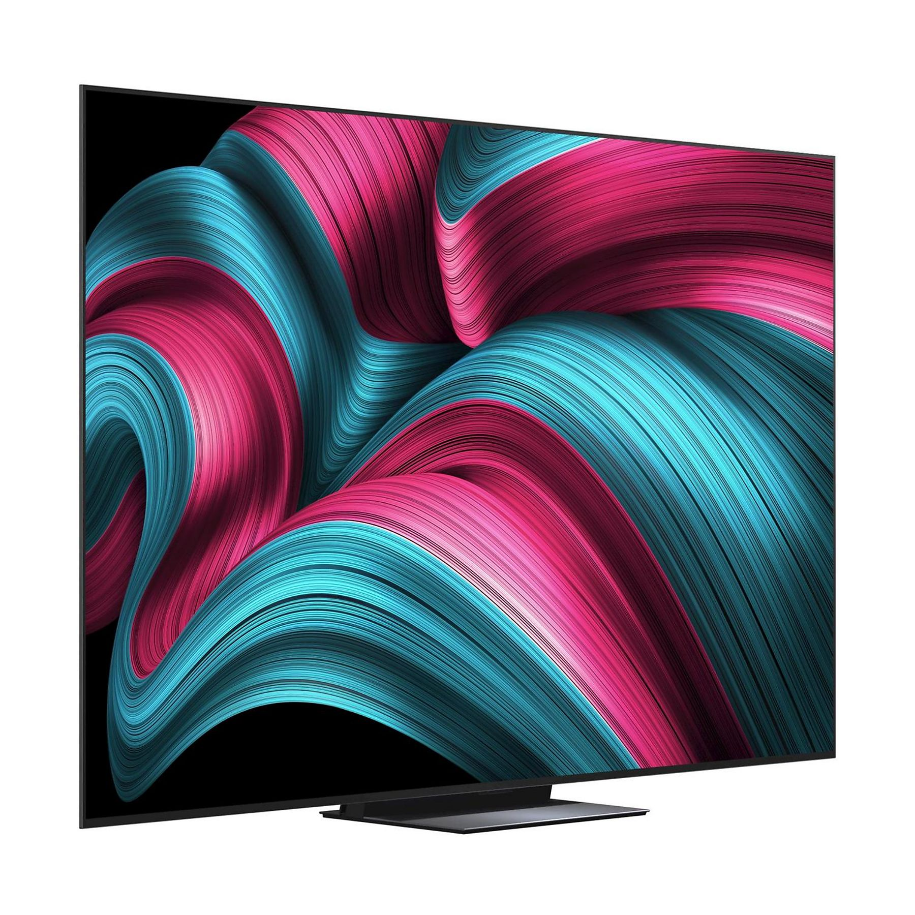 Un grande televisore mostra un motivo astratto di linee blu e rosa fluenti su uno sfondo nero.