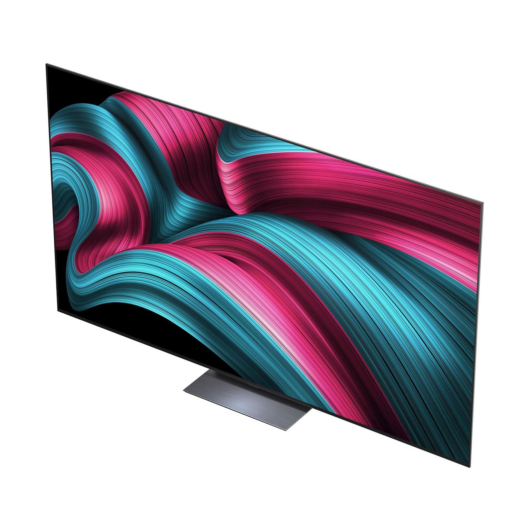 Un grande televisore a schermo piatto mostra un motivo a vortice rosa e turchese. Ha un supporto metallico.