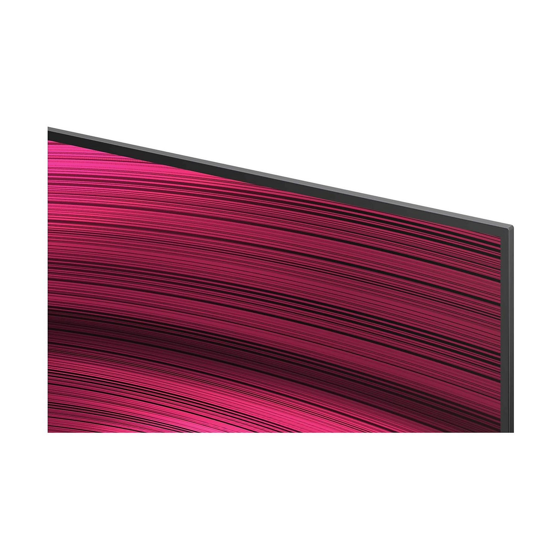 Primo piano di uno schermo curvo. Lo schermo mostra un motivo di linee orizzontali rosa e nere.