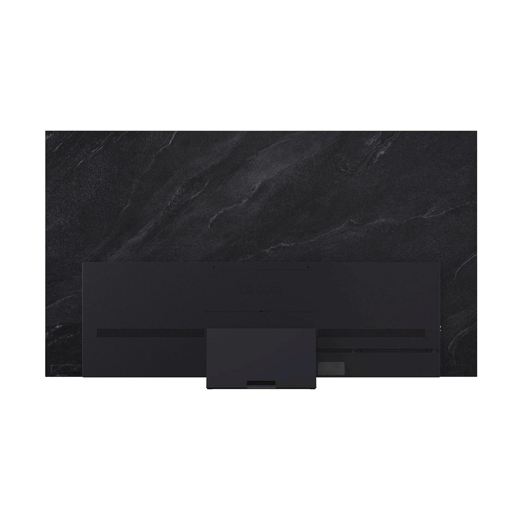 Vista posteriore di una TV LG OLED nera su una parete in marmo nero. Una scatola nera è attaccata in basso.