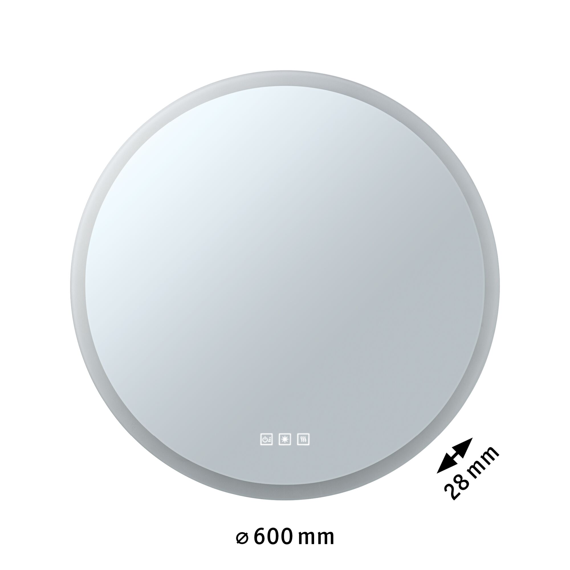 Un miroir rond avec un cadre blanc. Il possède des commandes tactiles en bas et les dimensions sont indiquées.