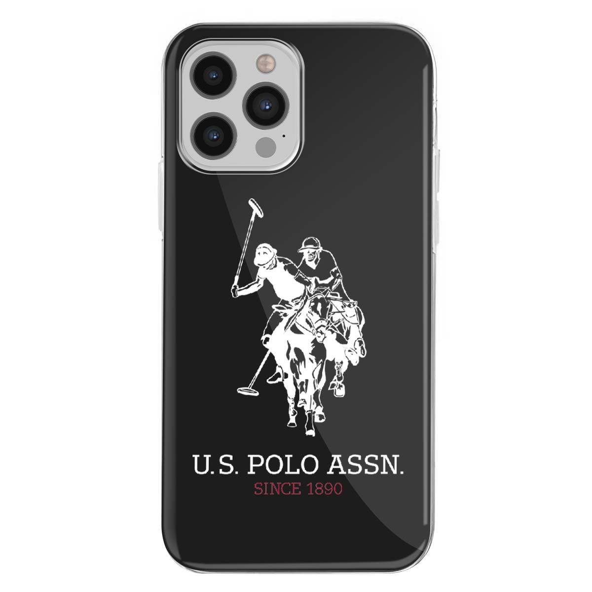 Custodia per telefono nera con logo bianco U.S. Polo Assn. Due giocatori di polo a cavallo con mazze. Testo: U.S. POLO ASSN. SINCE 1890.