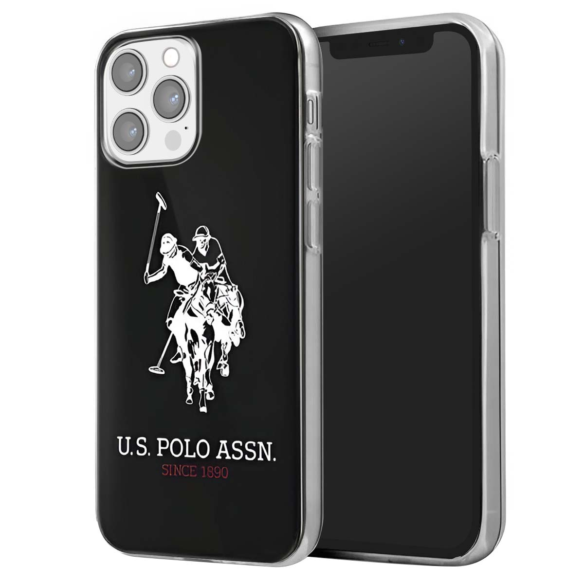 Custodia per telefono con retro nero e cornice argentata. Logo US Polo Assn. con giocatore di polo a cavallo.