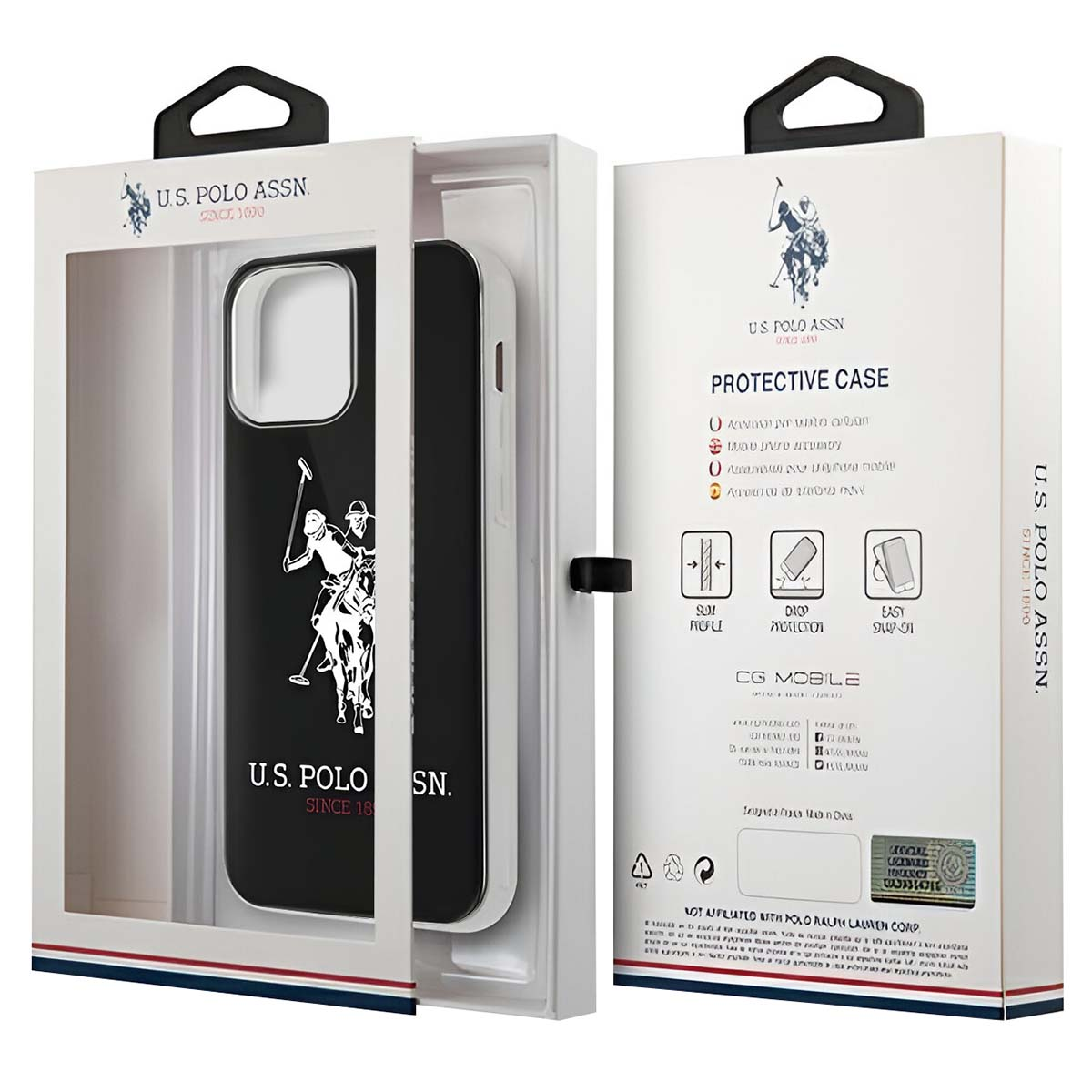 Una custodia per telefono in una scatola. Custodia nera con logo di giocatore di polo bianco. La scatola è bianca con marchio e testo.