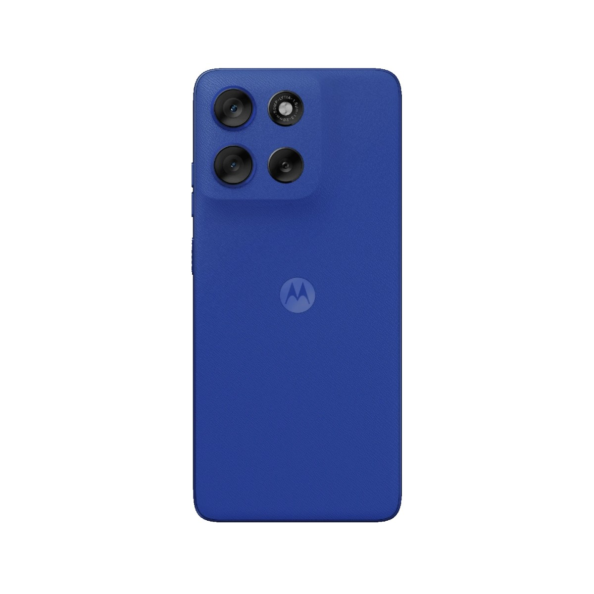 Niebieski smartfon Motorola. Cztery obiektywy aparatu na górze, logo Motorola na dole. Telefon jest niebieski.