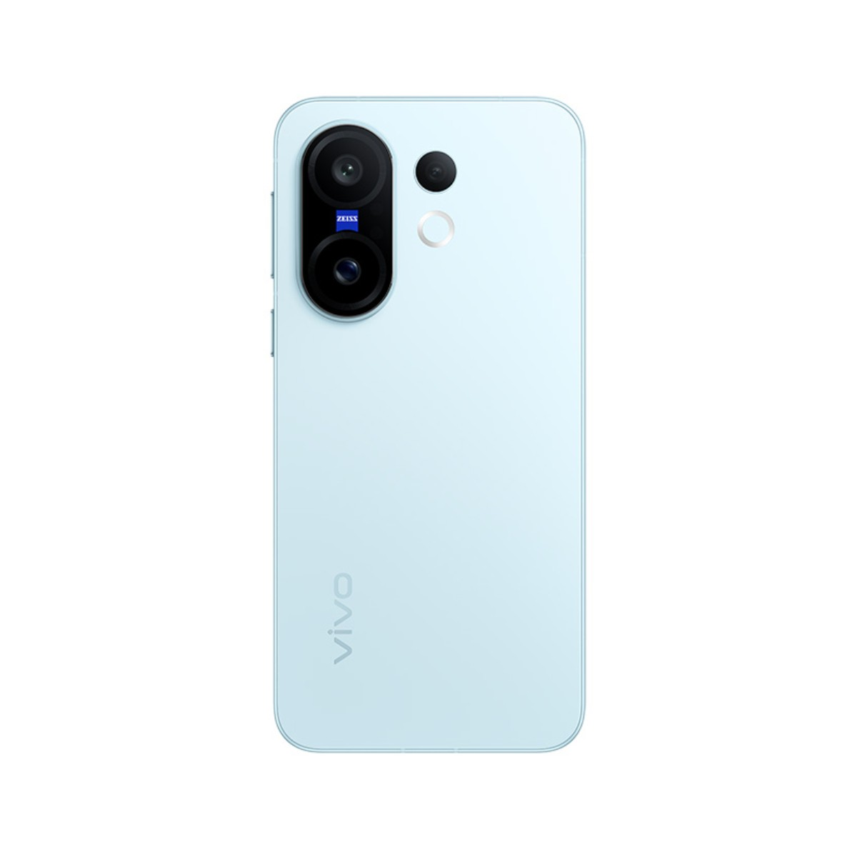Hellblaues Vivo-Smartphone, Rückansicht. Verfügt über mehrere Kameralinsen, einen Blitz und das Zeiss-Logo. Das Vivo-Logo befindet sich unten.