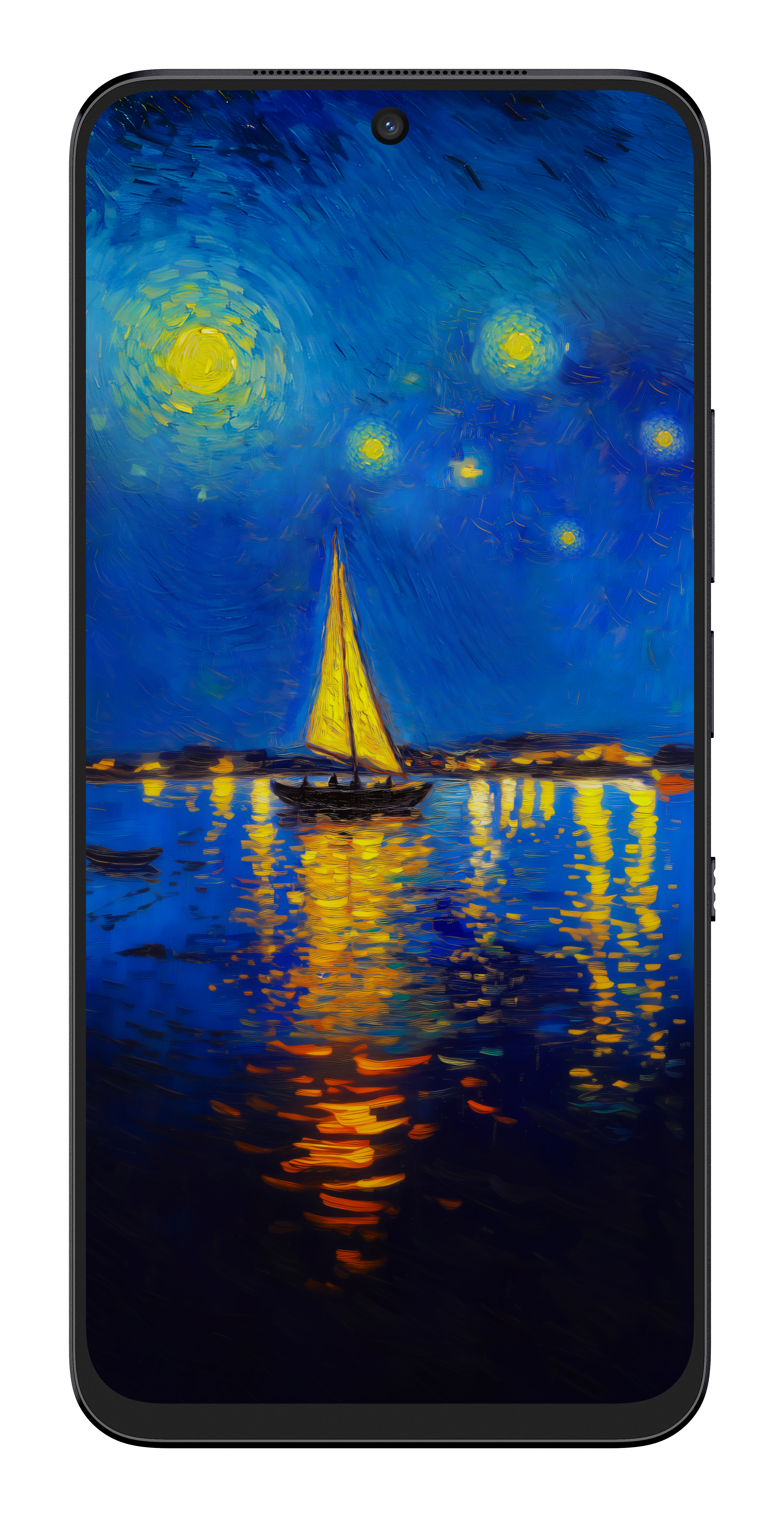 Ekran smartfona wyświetla obraz nocnego nieba. Łódź płynie po wodzie. Żółte światła odbijają się w wodzie.