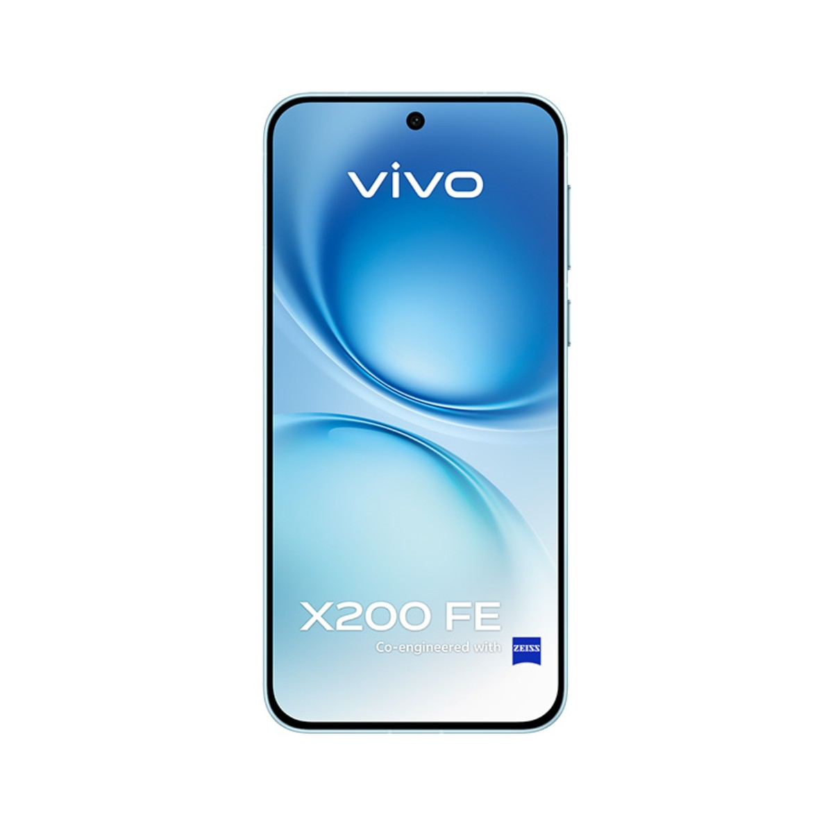 Ein Smartphone-Bildschirm zeigt das Vivo-Logo und die X200 FE-Modelldetails, zusammen mit ZEISS, vor blauem Hintergrund.