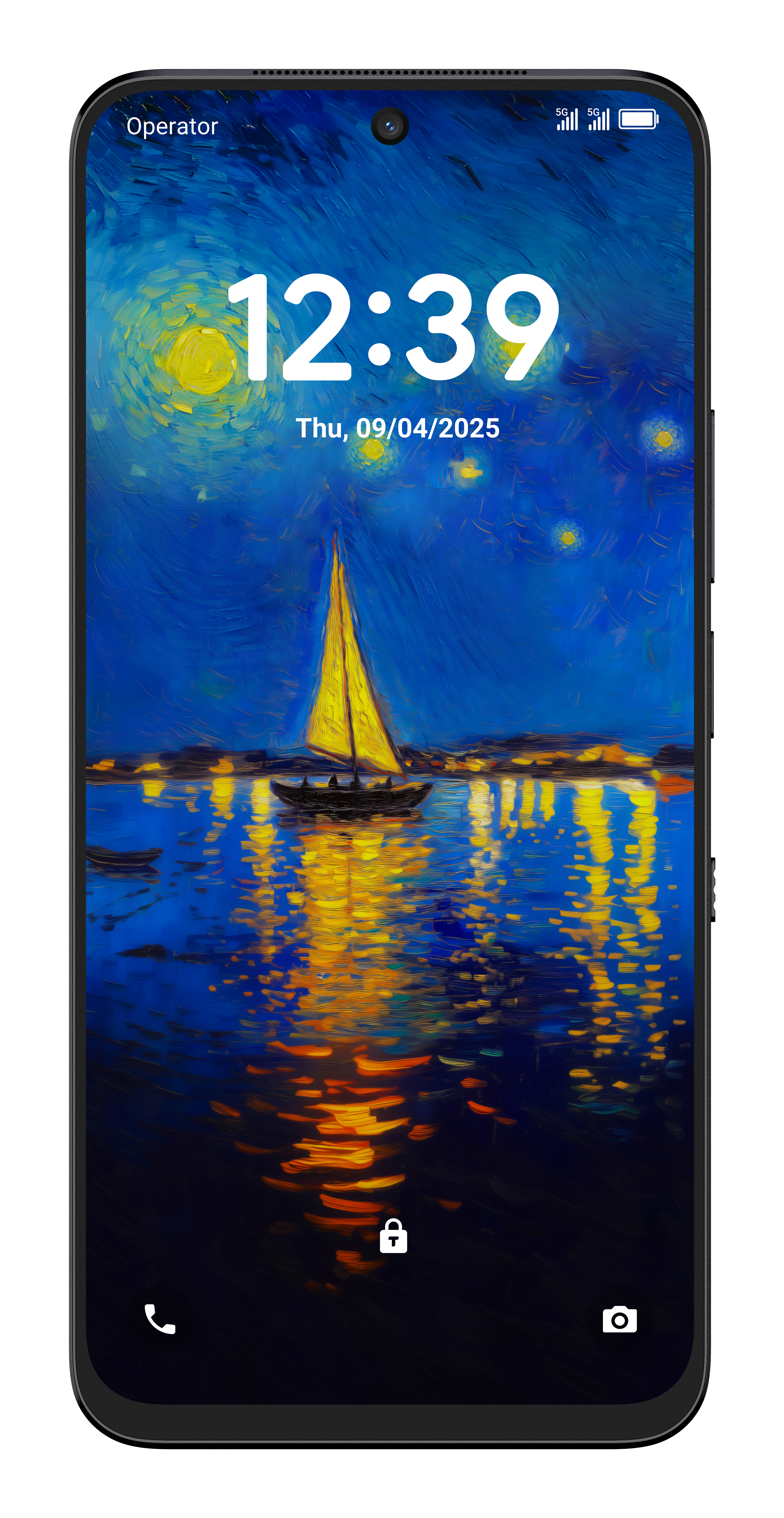 Ekran smartfona wyświetla obraz żaglówki na wodzie pod gwiaździstym niebem. Godzina: 12:39, data: 09/04/2025.