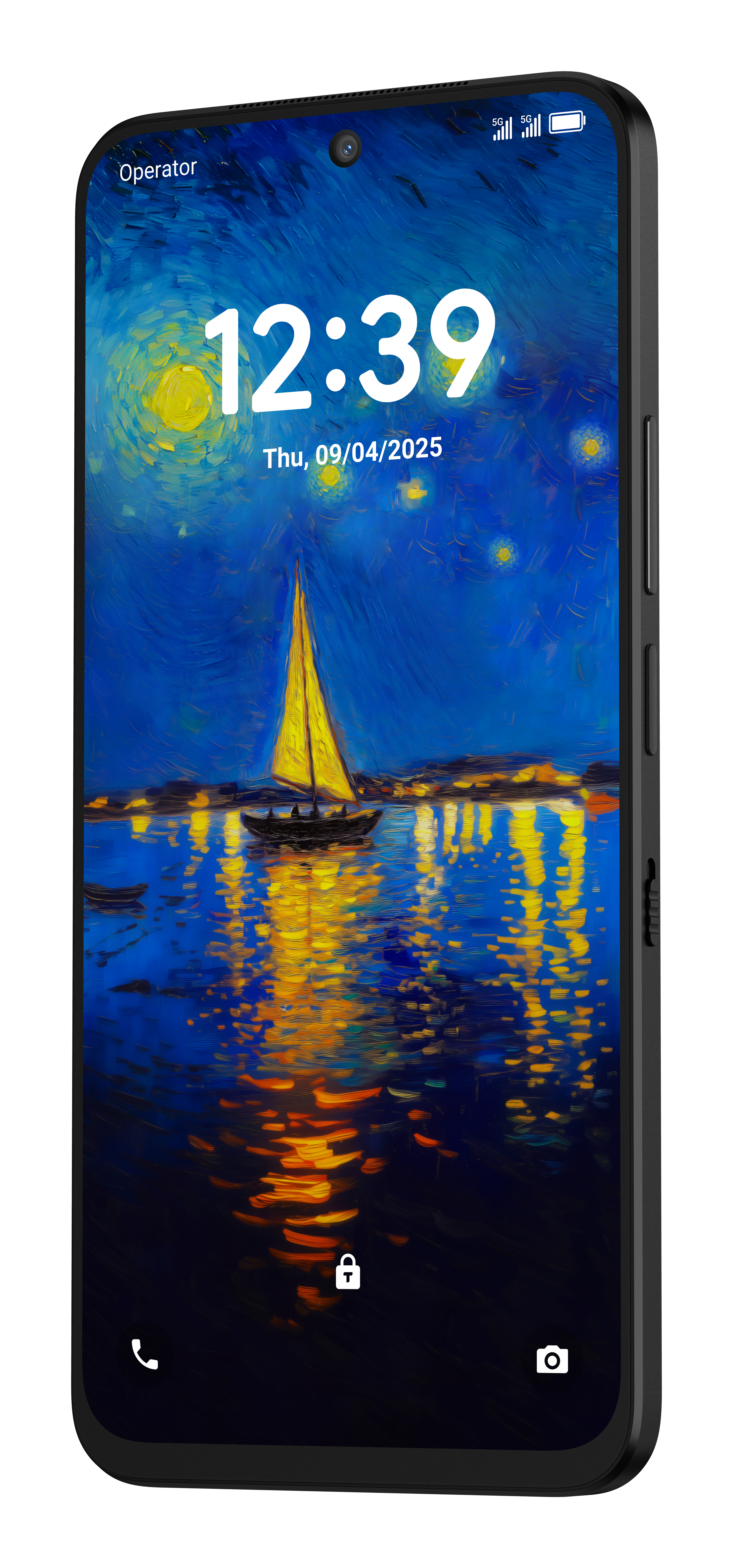 Smartfon z Gwieździstą nocą van Gogha. Łódź płynie po wodzie. Godzina 12:39, czwartek, 09/04/2025.