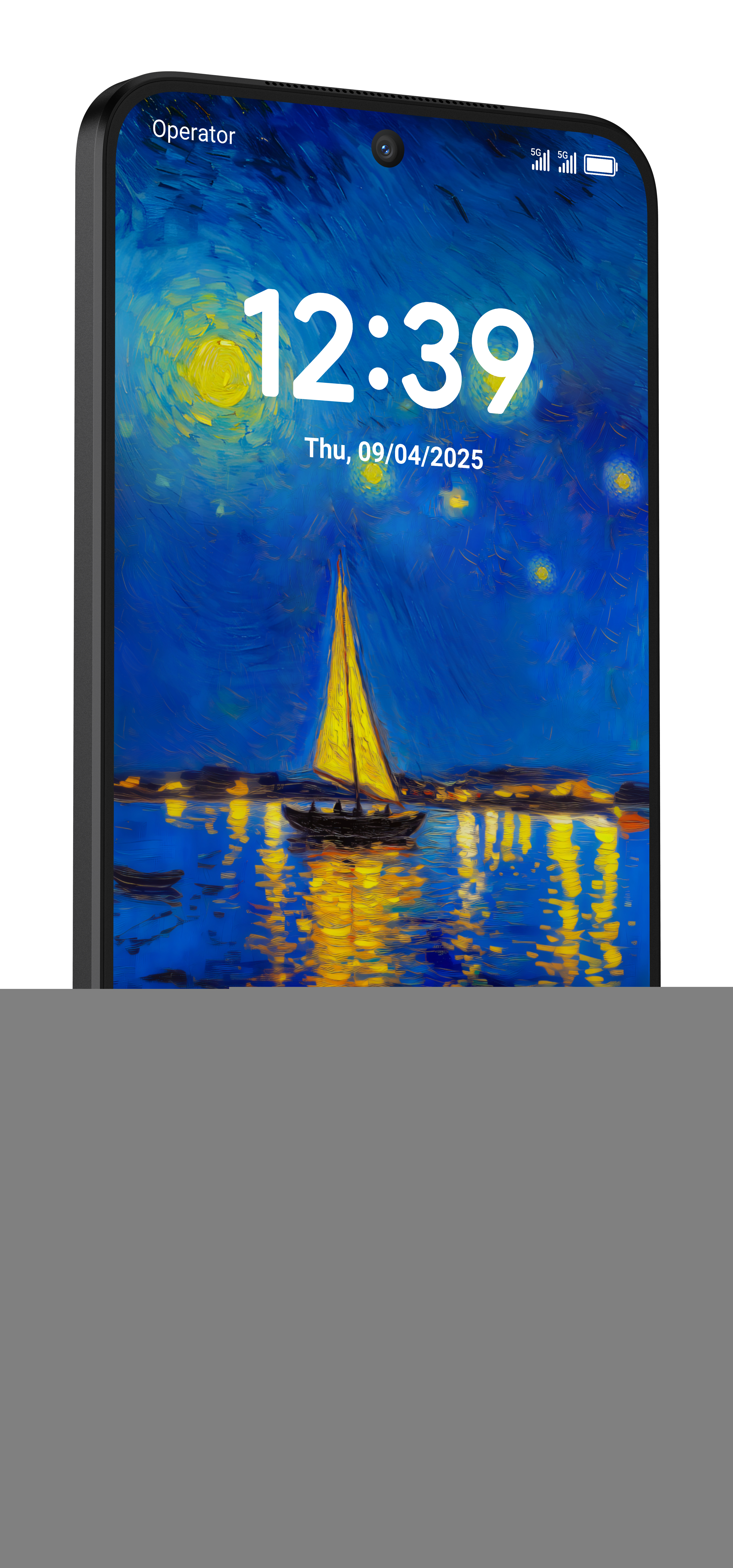 Telefon wyświetla obraz żaglówki na wodzie pod gwiaździstym niebem. Godzina to 12:39.