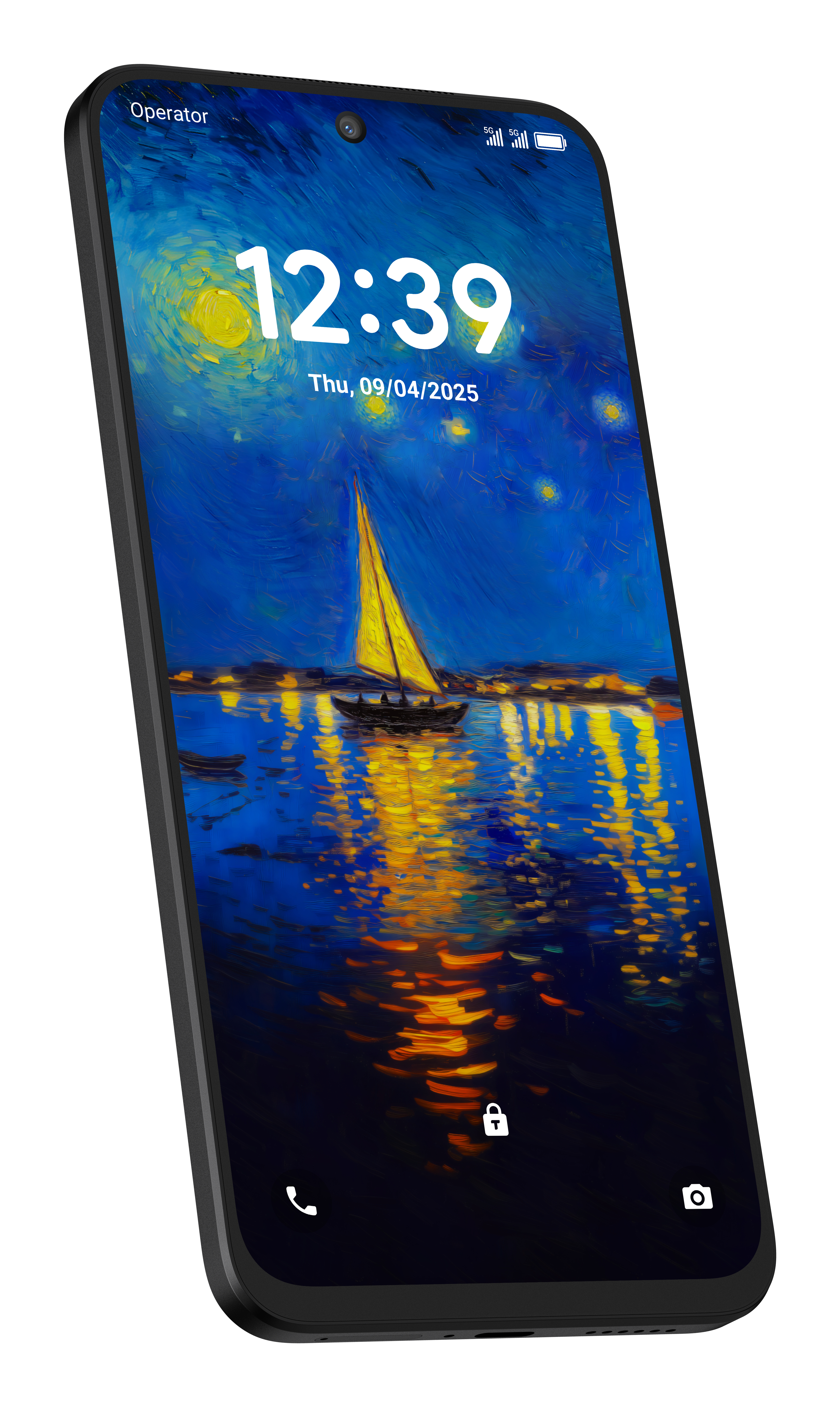 Smartfon wyświetlający obraz żaglówki w nocy. Godzina to 12:39, data to czwartek, 09/04/2025. Telefon jest czarny.