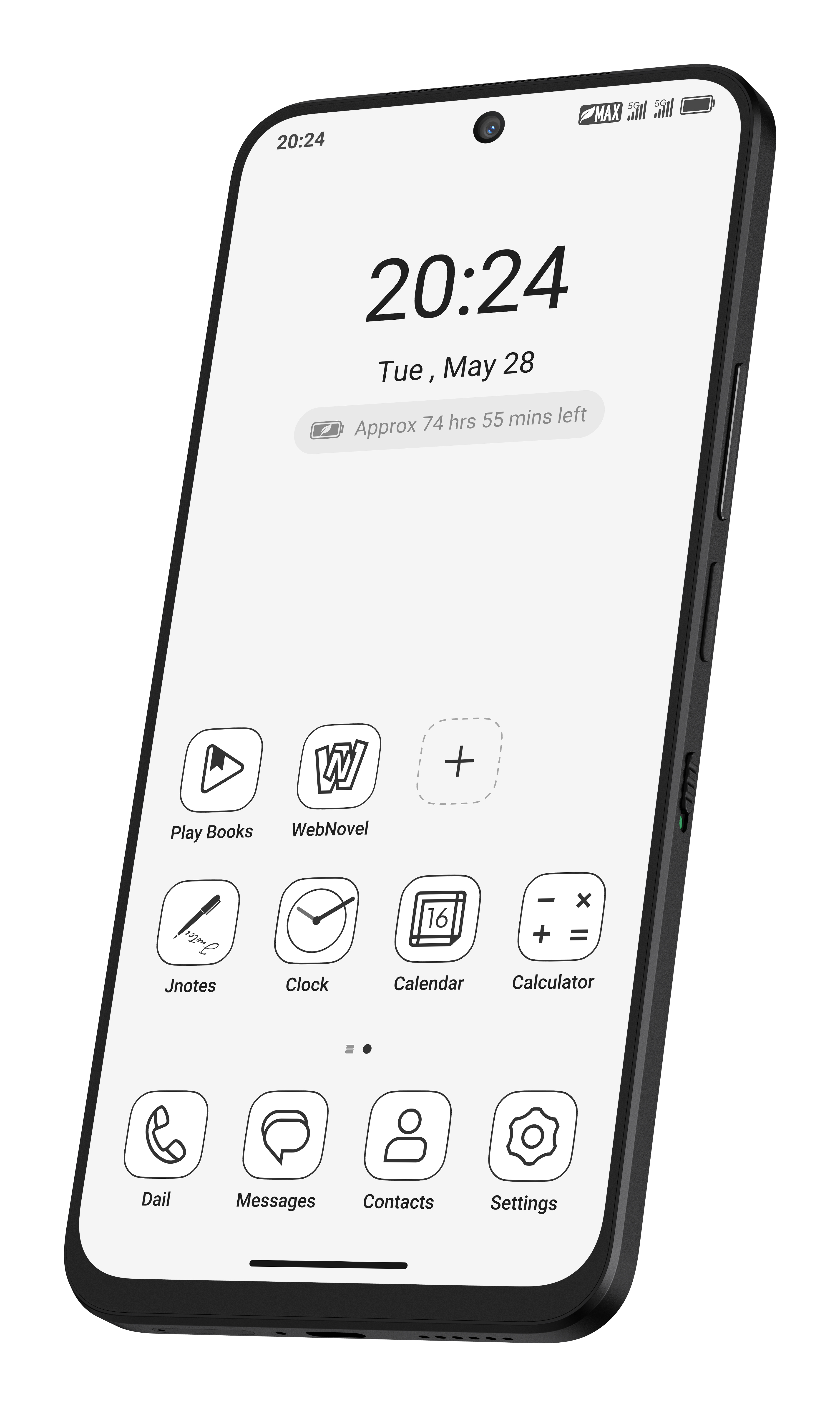 Ekran smartfona wyświetlający godzinę, datę i ikony aplikacji. Czarny telefon z białym ekranem. Godzina to 20:24.