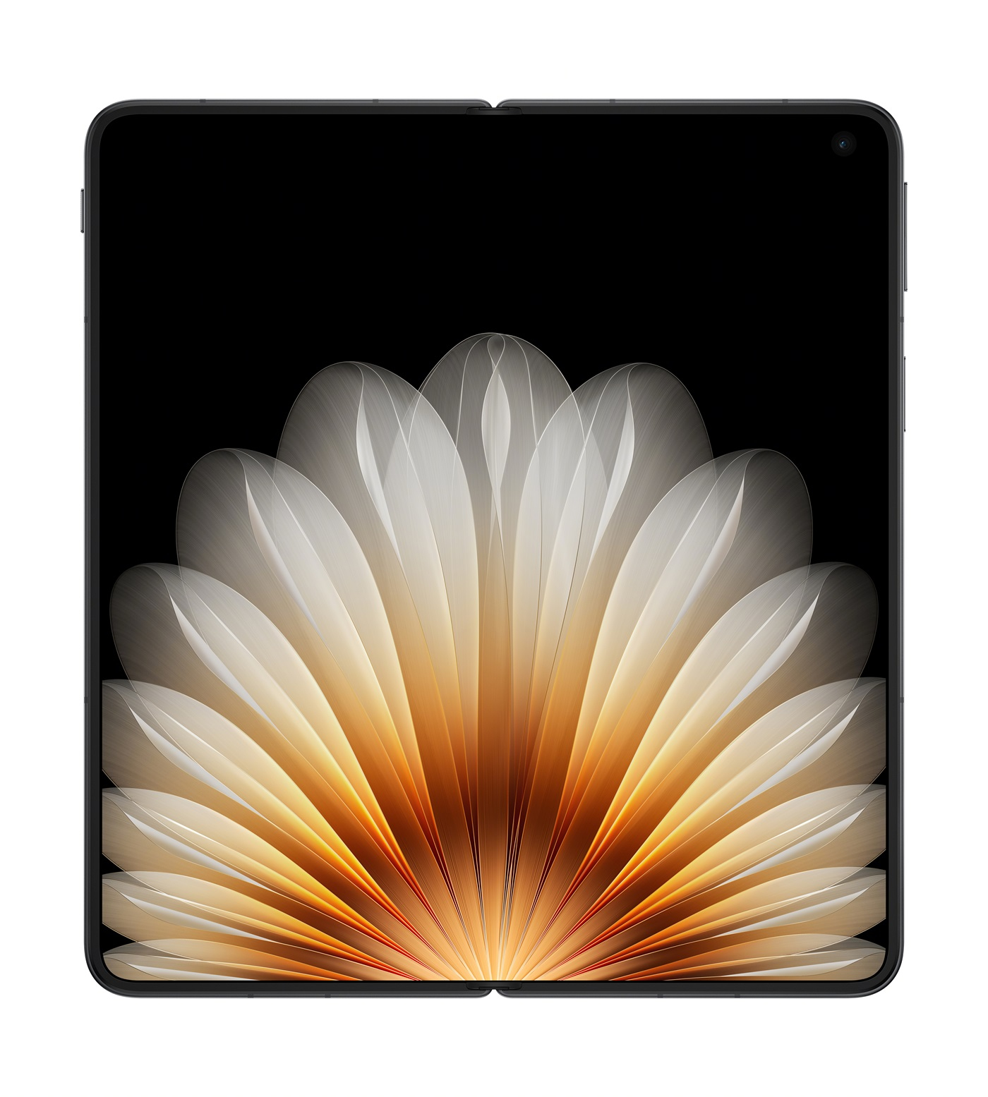 Uno smartphone nero con schermo piegato che mostra un design a ventaglio a strati in tonalità bianco e arancione su sfondo nero.