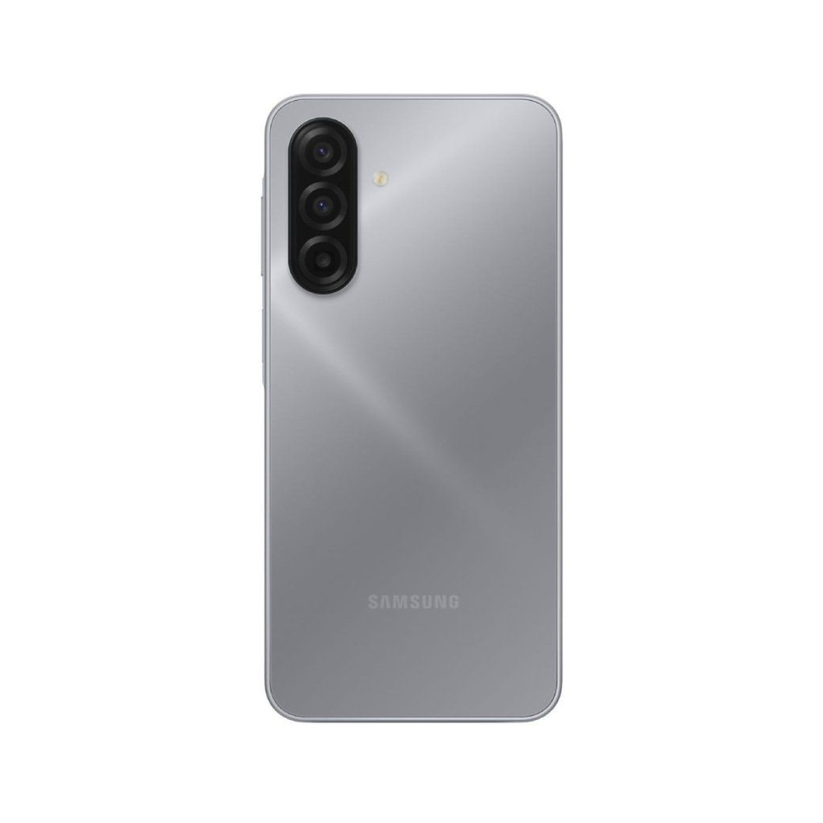 Rückseite eines silbernen Samsung-Smartphones mit drei Kameras und Blitz. Das Samsung-Logo befindet sich unten.