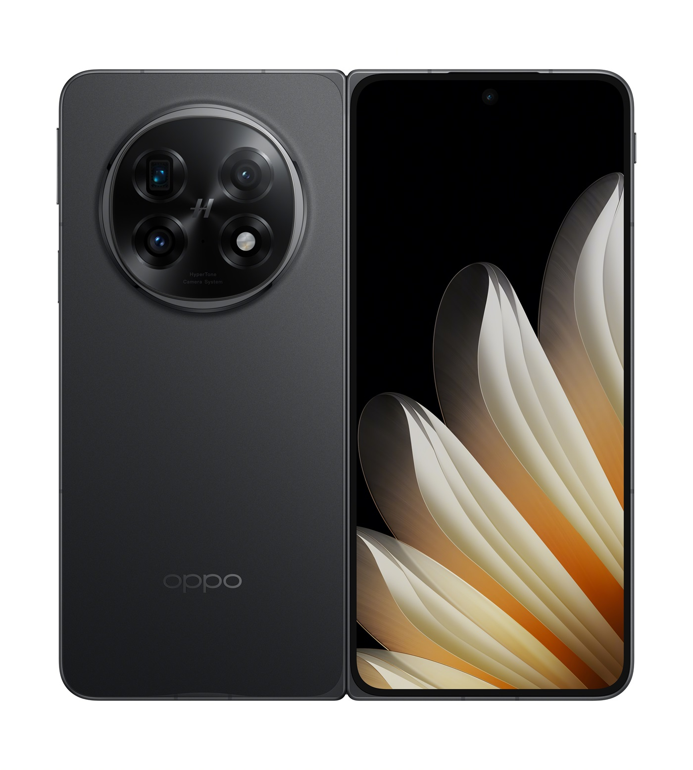 Un telefono Oppo nero, aperto per rivelare uno schermo con un design a petalo. Ha un grande modulo fotocamera circolare sul retro.