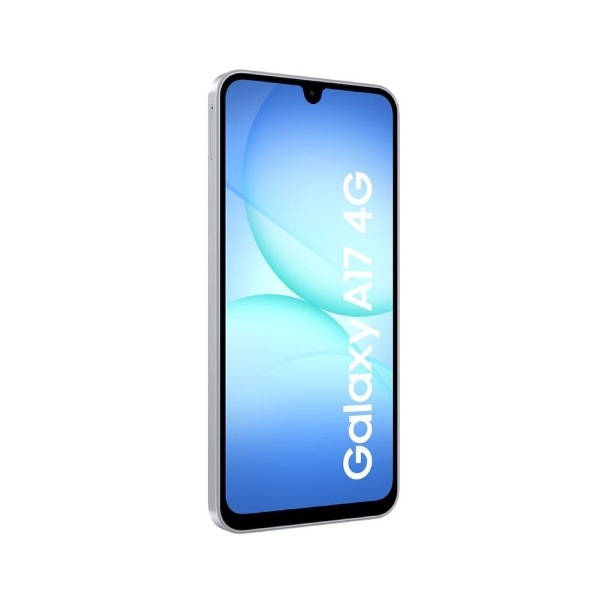 Ein silbernes Smartphone, Galaxy A17 4G, ist zum Betrachter hin abgewinkelt. Der Bildschirm zeigt einen blauen Farbverlauf mit weißem Text.