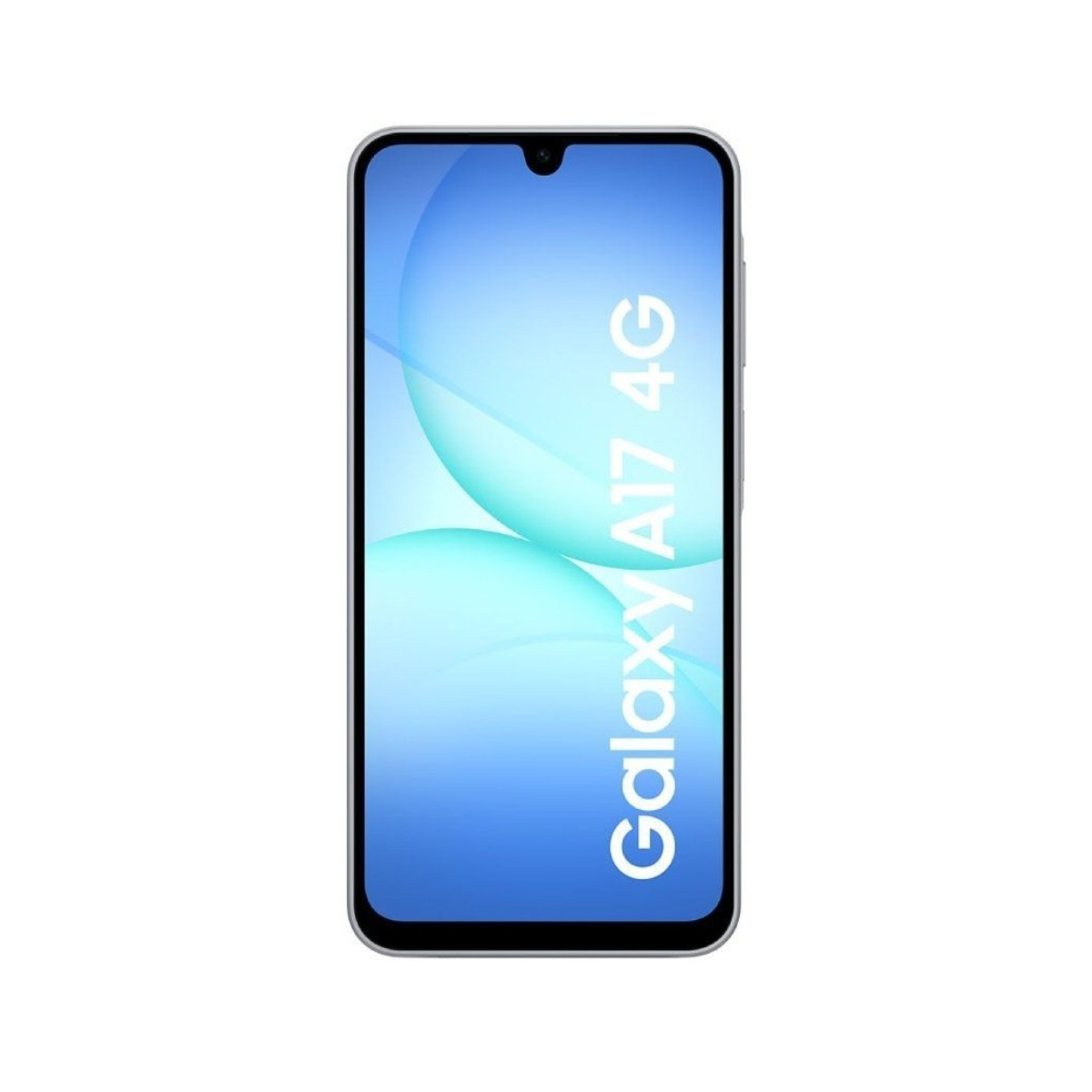 Ein Galaxy A17 4G-Smartphone. Der Bildschirm zeigt einen blauen Farbverlauf mit weißem Text. Das Telefon hat einen silbernen Rahmen.