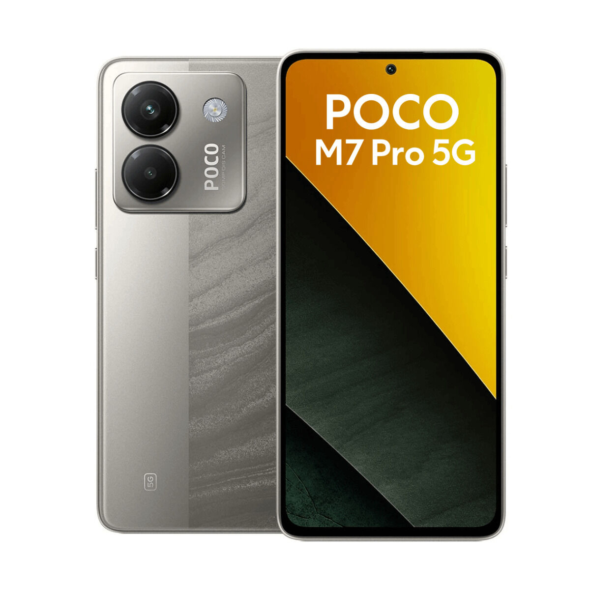 Un telefono POCO M7 Pro 5G argentato. Lo schermo mostra 'POCO M7 Pro 5G'. Il retro ha due fotocamere e il marchio POCO.