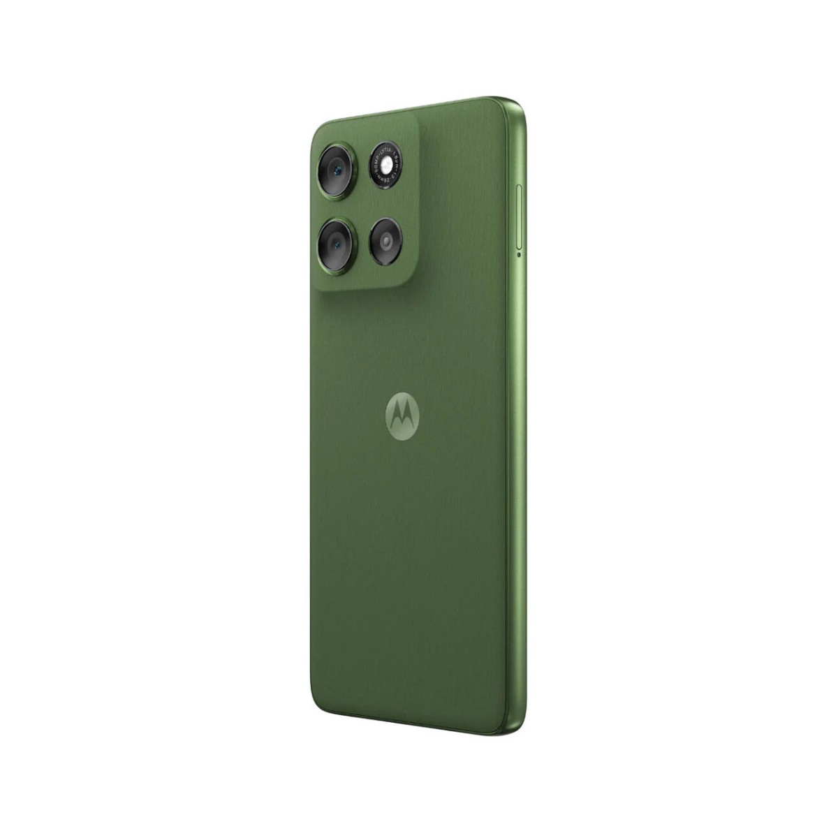 Zielony telefon Motorola z czterema tylnymi aparatami jest pokazany pod lekkim kątem. Logo Motorola jest widoczne z tyłu.