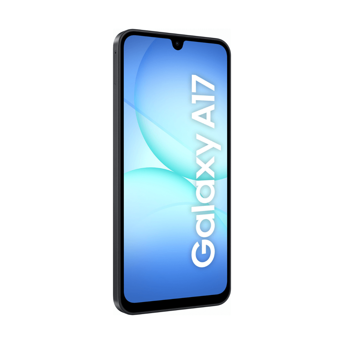 Czarny smartfon Samsung Galaxy A17 na białym tle. Ekran wyświetla niebieski gradient z napisem 'Galaxy A17'.