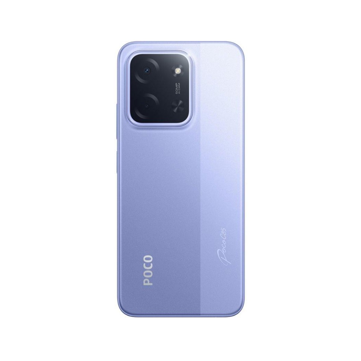 Jasnofioletowy smartfon Poco C35. Ma moduł aparatu u góry i logo Poco u dołu. Tło jest białe.