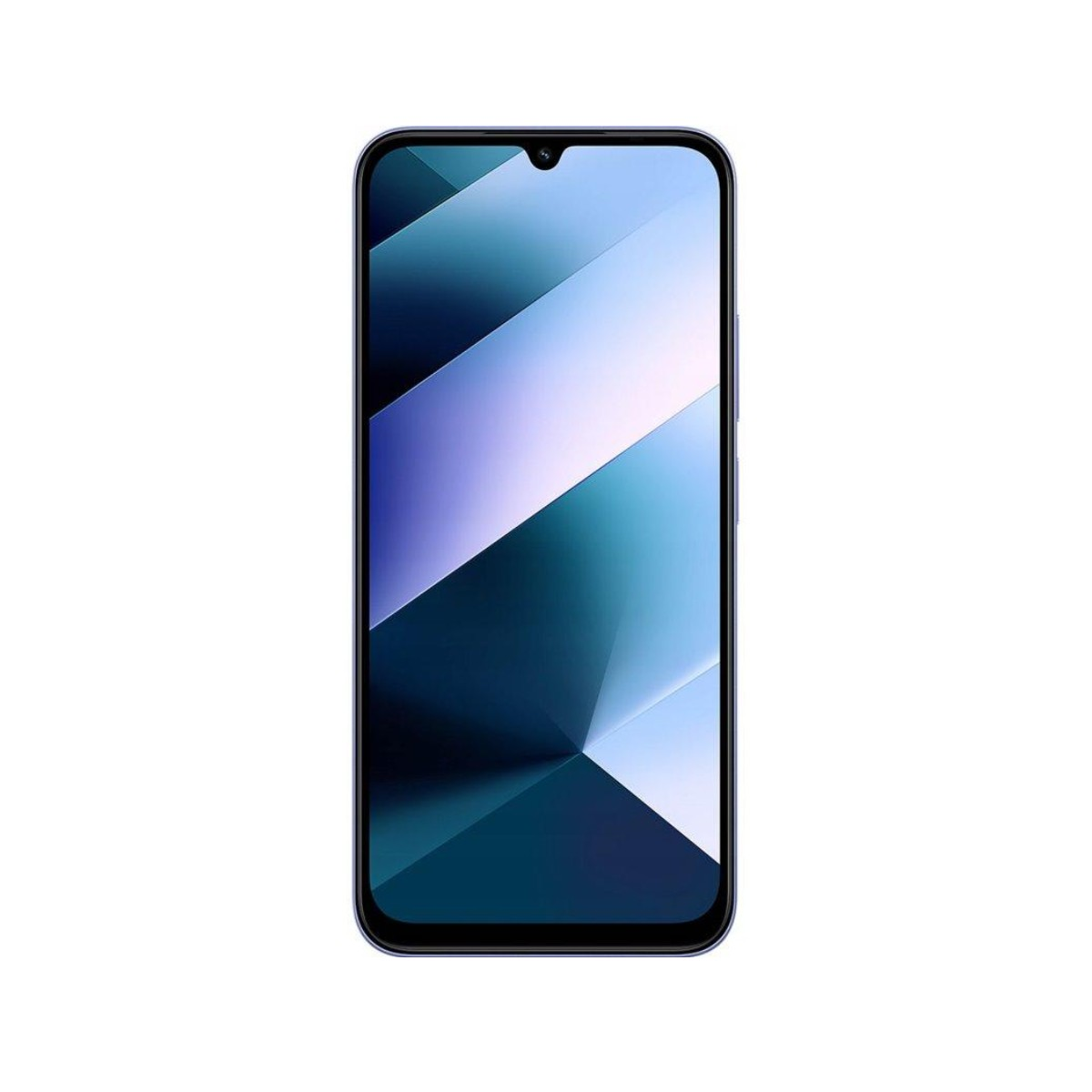 Smartfon z granatową ramką. Ekran wyświetla geometryczny wzór niebieskich i białych linii ukośnych.