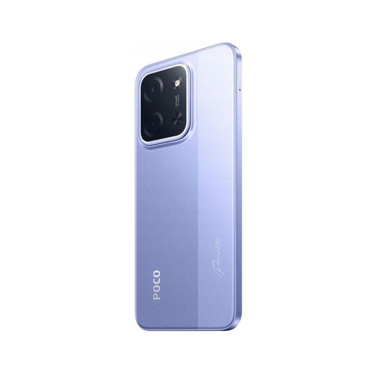Fioletowy smartfon Poco C5. Posiada podwójny aparat i logo Poco. Telefon znajduje się na białym tle.