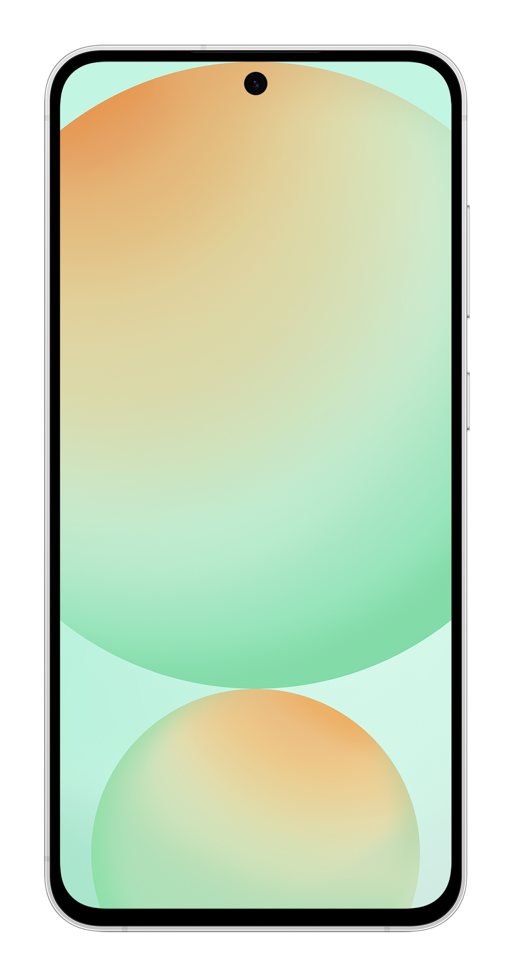 Uno smartphone con uno sfondo sfumato arancione, verde e bianco. Il telefono ha un punto nero per la fotocamera.