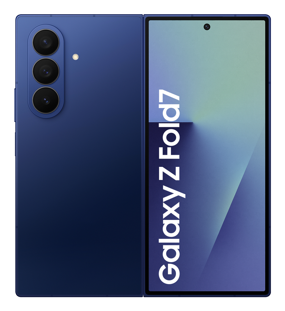 Mavi bir Samsung Galaxy Z Fold7 telefonu, açık ve katlanmış. Arkada üç kamera var ve ekranda telefonun adı yazıyor.
