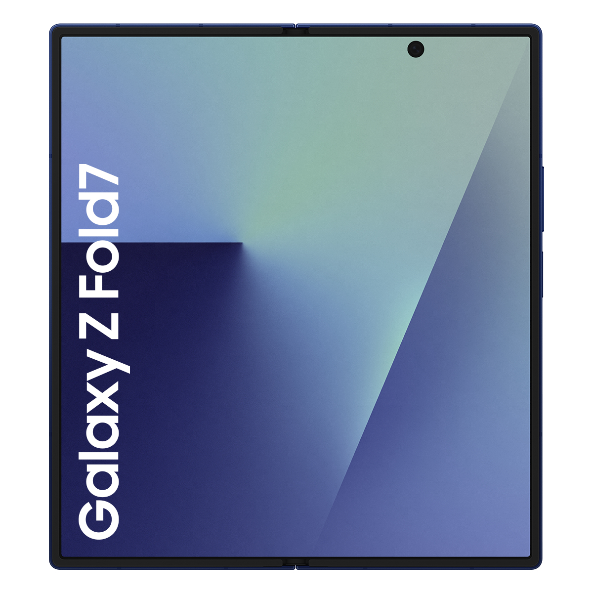 Mavi bir Galaxy Z Fold7 telefonu görüntüleniyor, degrade ekran, kamera noktası ve telefonun adını gösteriyor.