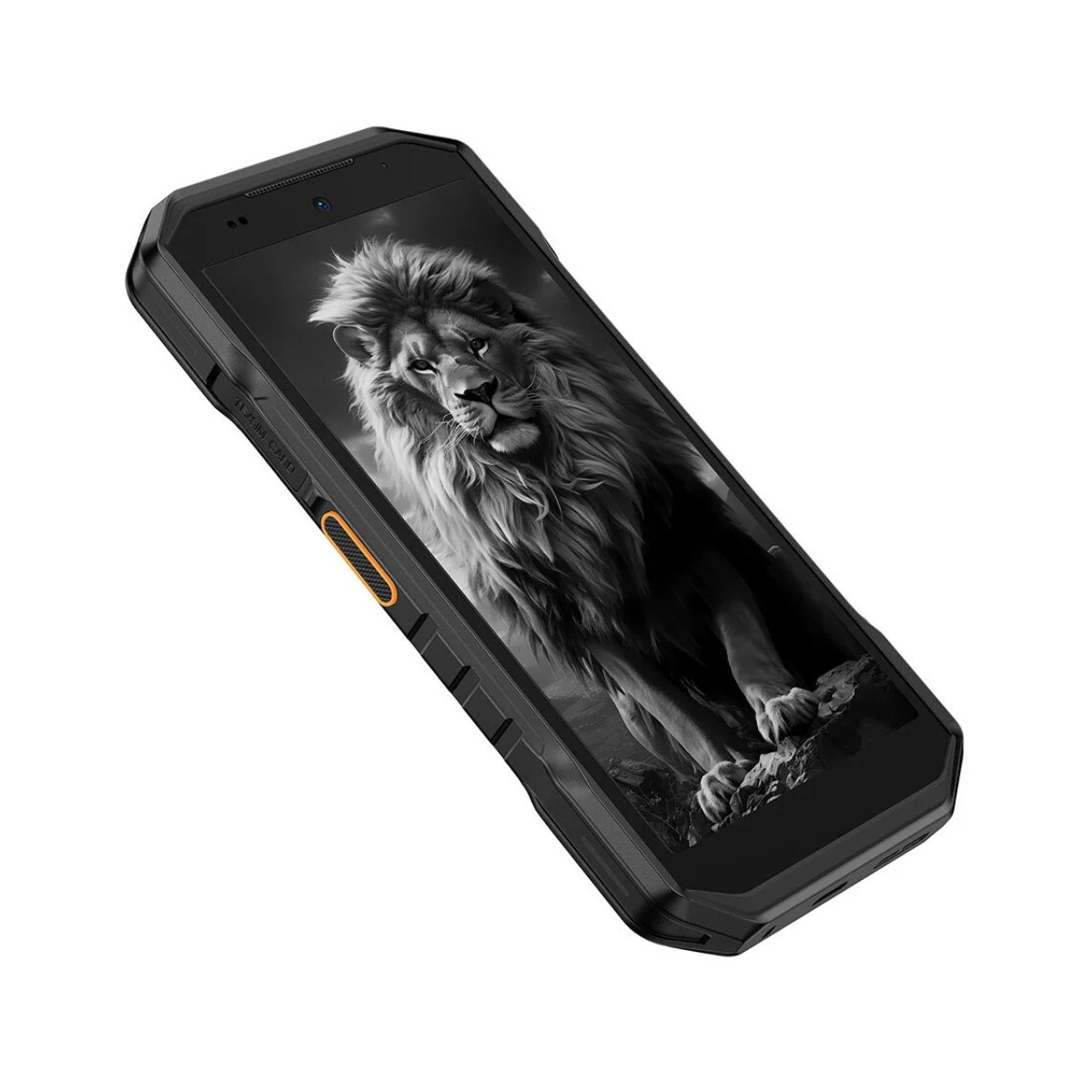Czarny smartfon wyświetla szarą grafikę lwa. Telefon ma wytrzymałą konstrukcję z pomarańczowymi akcentami.