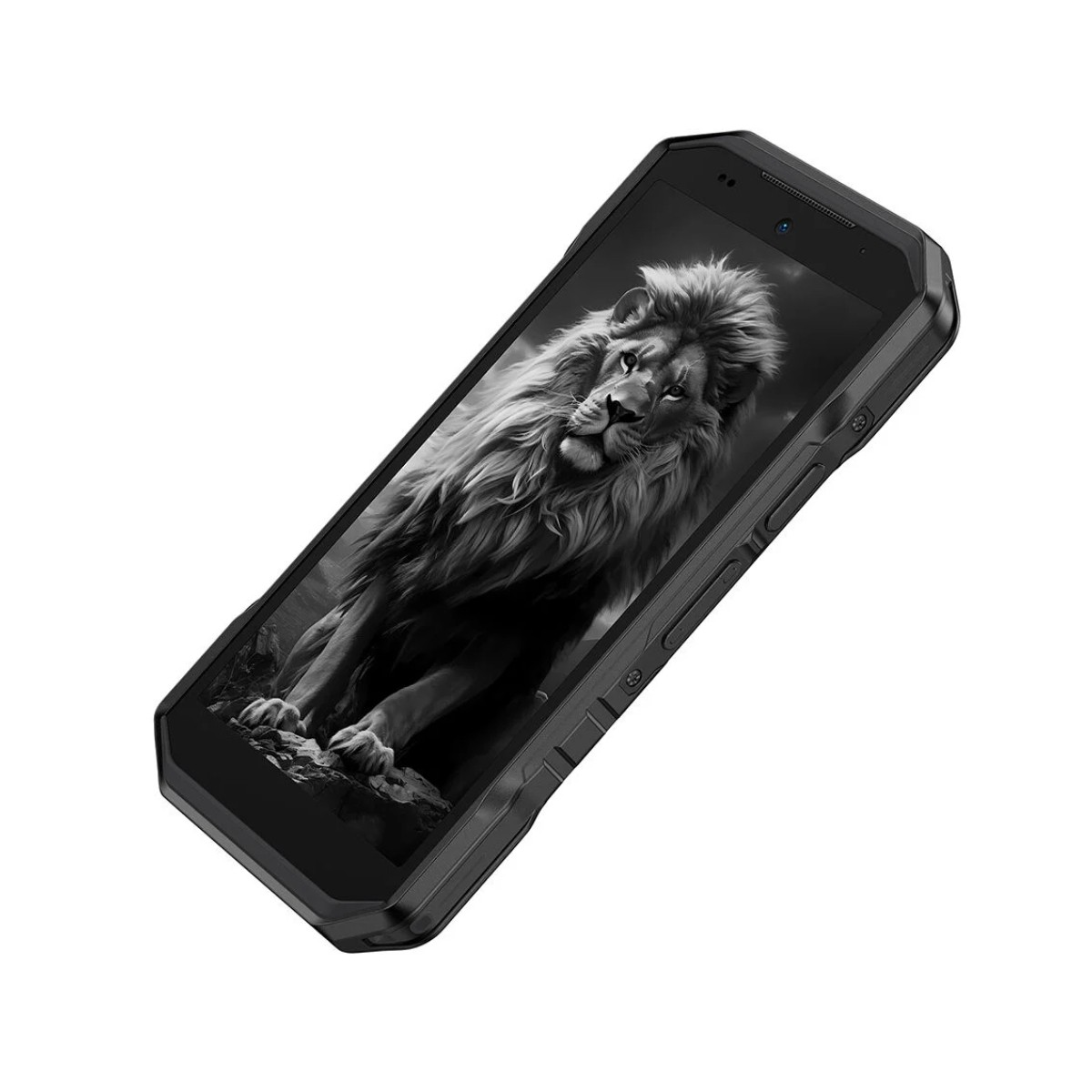 Czarny smartfon wyświetla obraz w skali szarości lwa. Telefon jest pochylony, pokazując przyciski z boku, na białym tle.