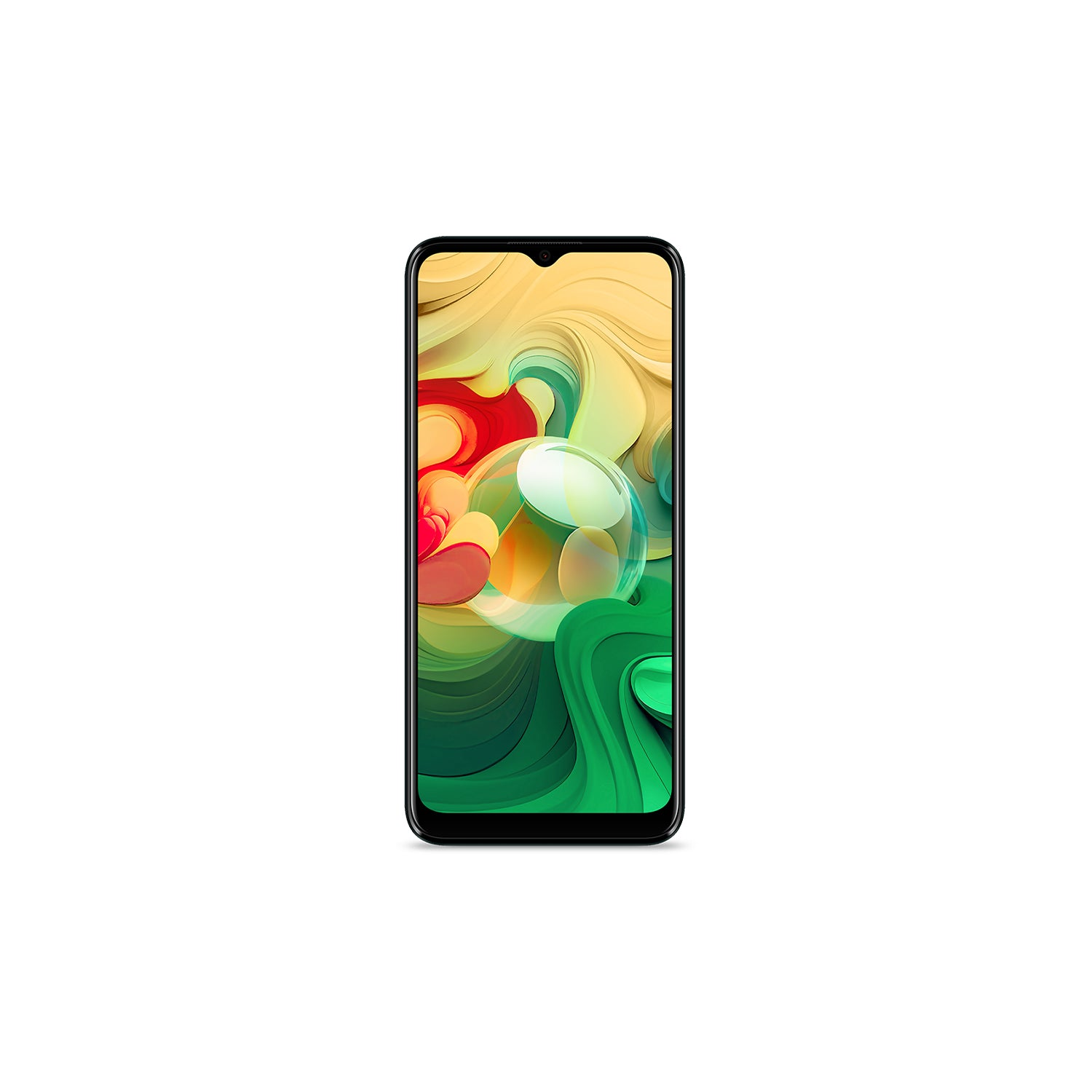Uno smartphone nero mostra un design astratto colorato di forme vorticose gialle, verdi e rosse, su sfondo bianco.
