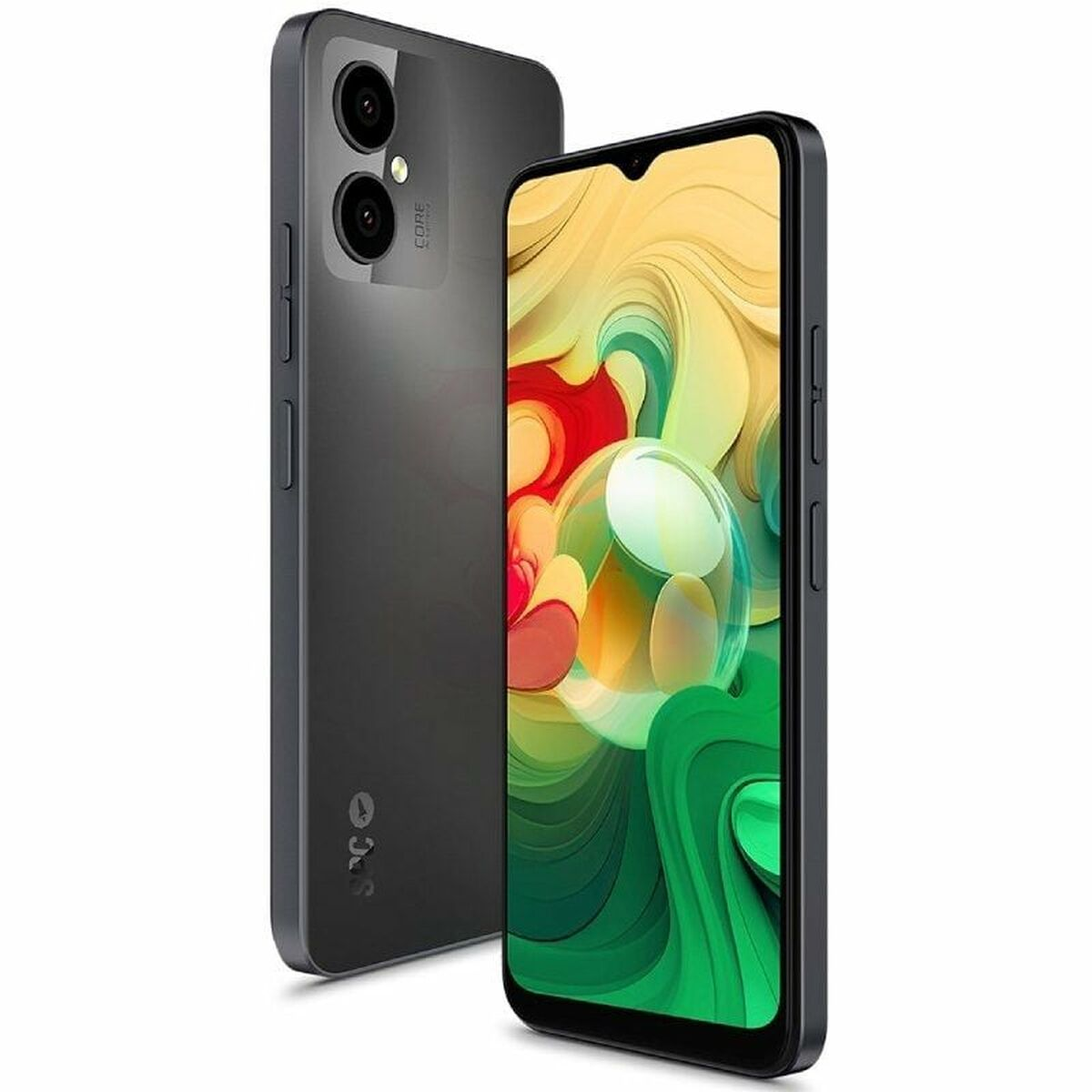 Due smartphone neri affiancati. Uno mostra uno schermo astratto colorato. L'altro mostra il retro con doppia fotocamera e logo.